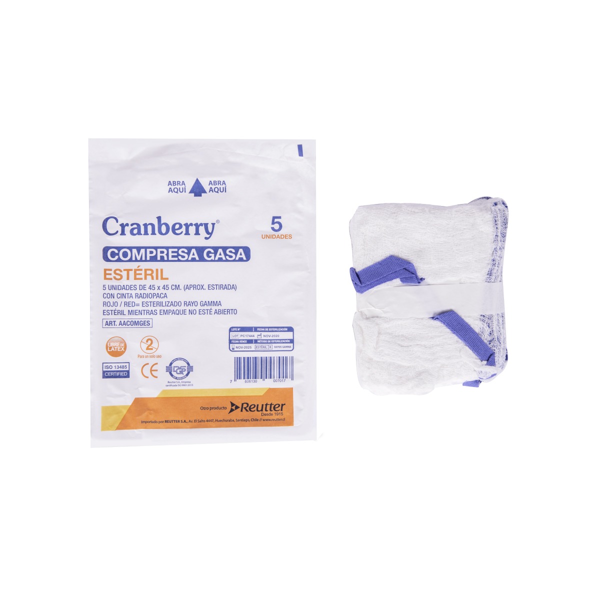 COMPRESA GASA ESTERIL 45X45 CM CON HILO AZUL RADIOPACO X5 UNIDADES