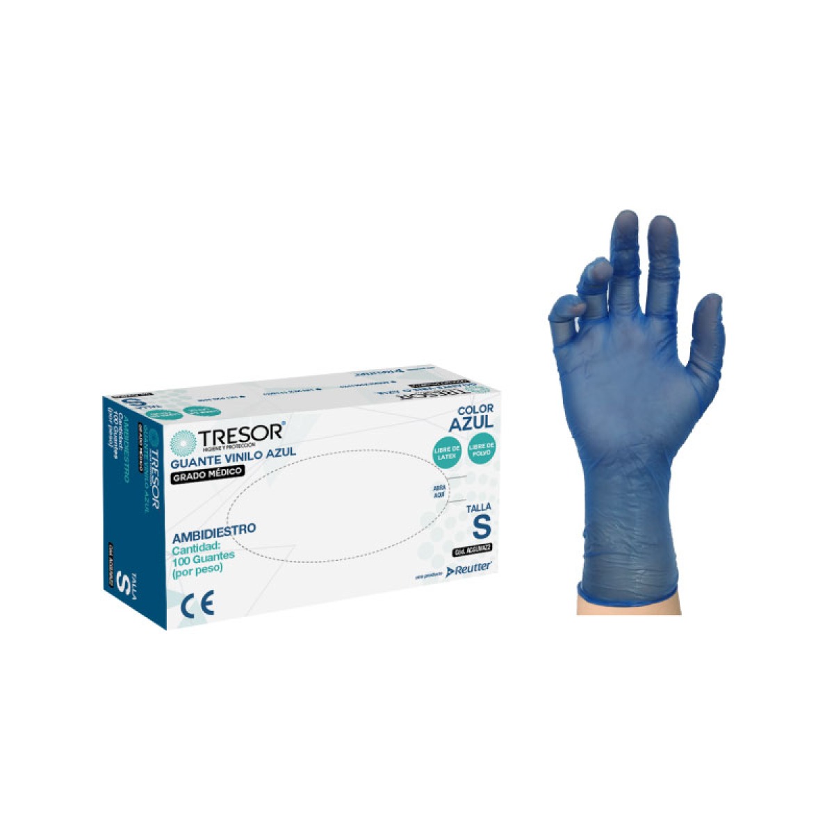 GUANTE DE VINILO LIBRE DE POLVO AZUL TRESOR X100 UNIDADES