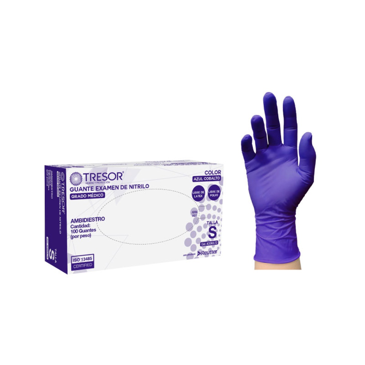 GUANTE DE NITRILO LIBRE DE POLVO AZUL COBALTO TRESOR X 100 UNIDADES