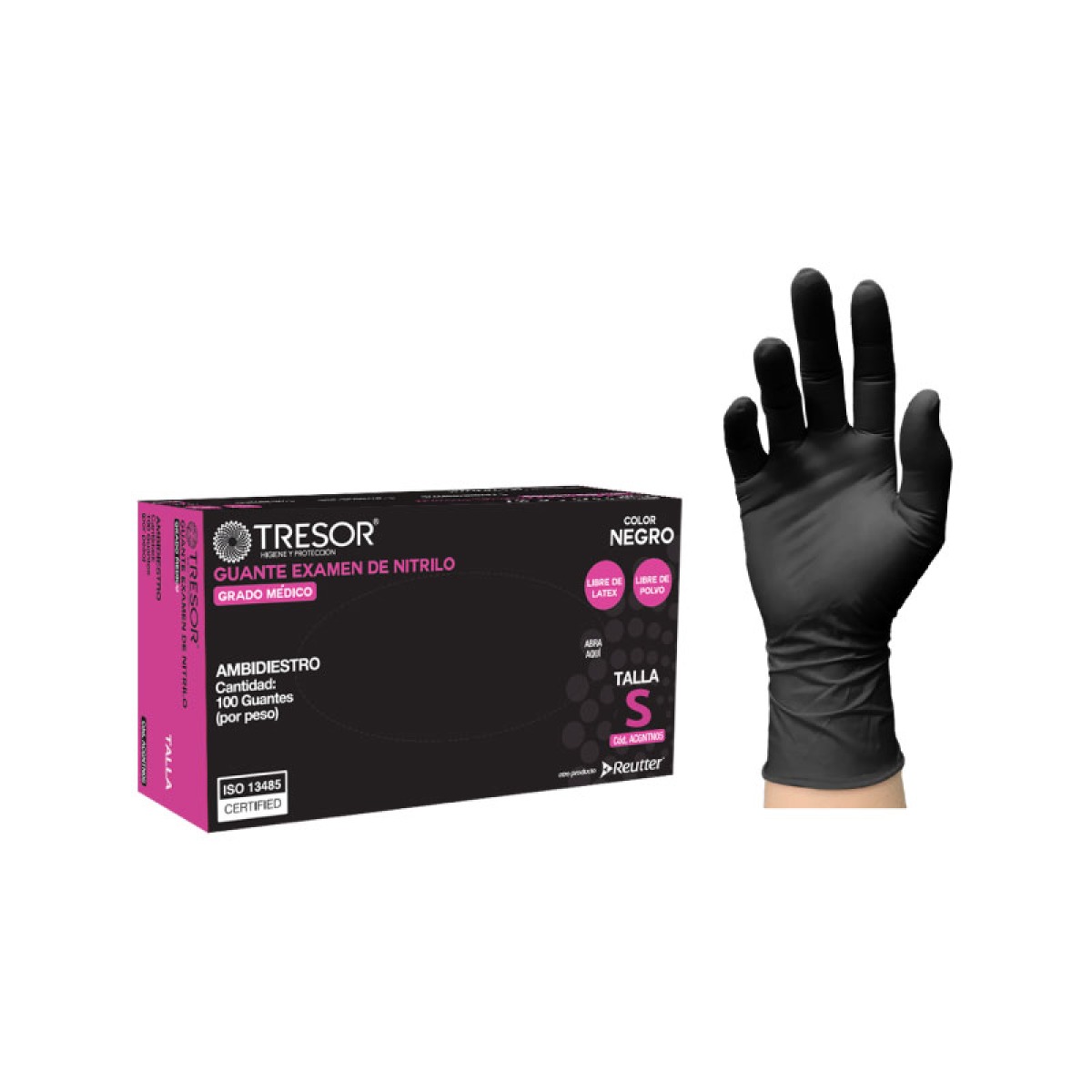 GUANTE DE NITRILO LIBRE DE POLVO COLOR NEGRO TRESOR X100 UNIDADES