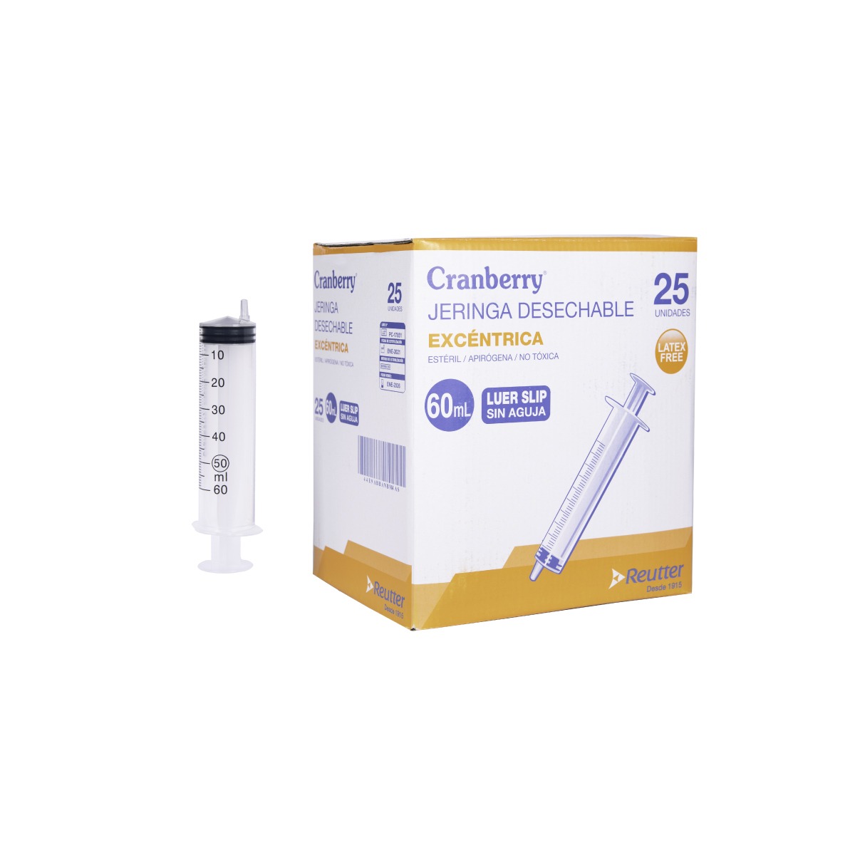 JERINGA 60CC LUER SLIP SIN AGUJA PUNTA EXCENTRICA CAJA X 25 UNIDADES