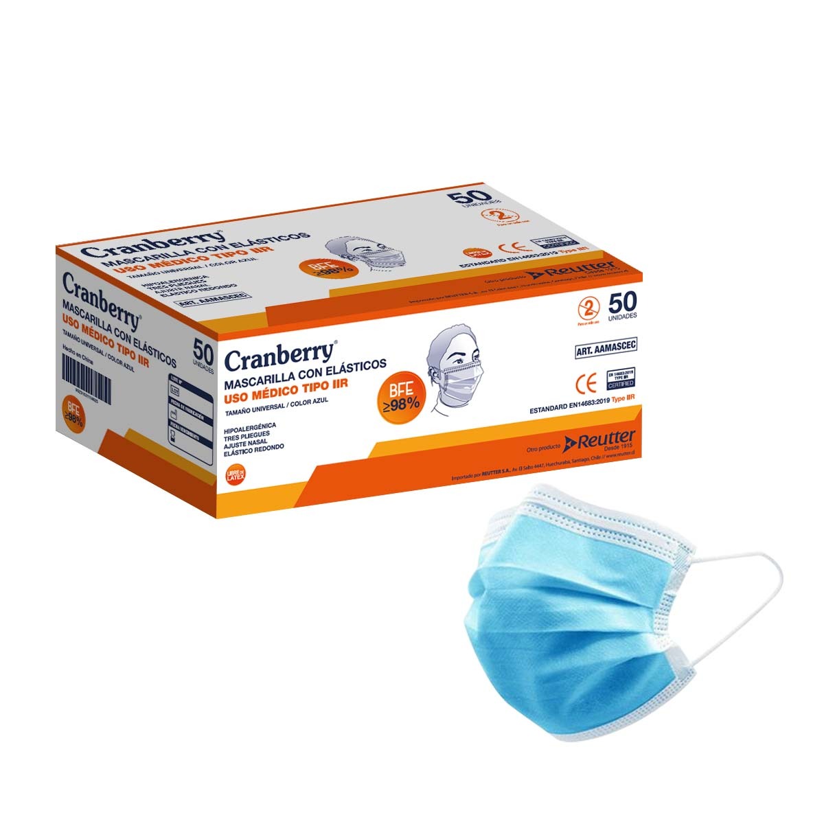 MASCARILLA 3PLIEGUES CON ELASTICO IIR98% USO MEDICO AZUL CAJA X 50 UNIDADES