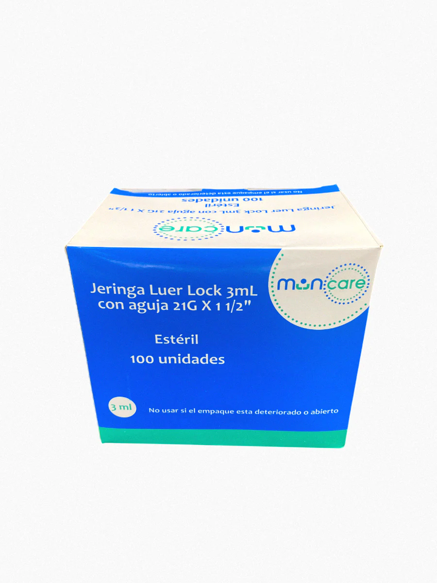 MUNCARE JERINGA LUER LOCK CON AGUJA 21GX1 1/2 3ML CAJA X 100 UNIDADES