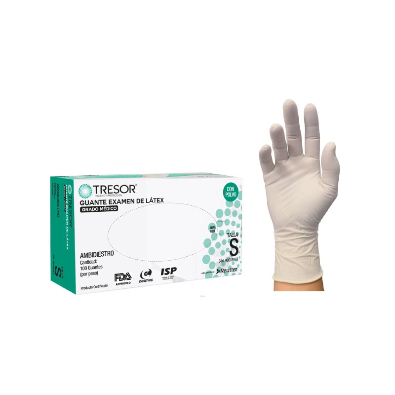GUANTE DE LATEX CON POLVO BLANCO TRESOR X100 UNIDADES