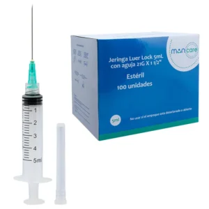 MUNCARE JERINGA DESECHABLE ESTERIL LUER SLIP EMBUTIDA 21GX 1 1/2 5ML CAJA X 100 UNIDADES